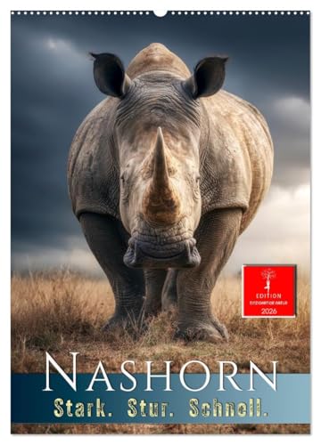 Nashorn - Stark. Stur. Schnell. (Wandkalender 2026 DIN A2 hoch), CALVENDO Monatskalender: Rhinos - Wildes Leben zwischen Wucht und Zärtlichkeit.