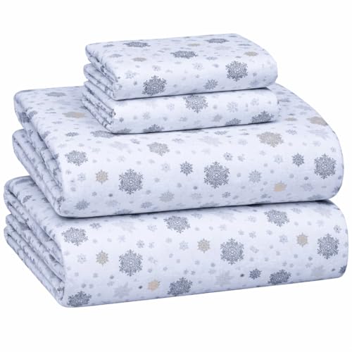 Image of Briarwood Home Printed Flannel Sheet Set, 100% Natural Cotton, Soft, Warm & Deep Pocket, Advanced Nano-Tech Making it Resistance to Pilling; Brushed 6 Times for Softness (Snowflakes, King)