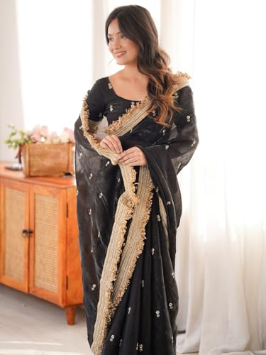 Image of AKHILAM Women's Shimmer Off White Georgette Sequence Embroidery Saree With Unstitched Blouse Piece