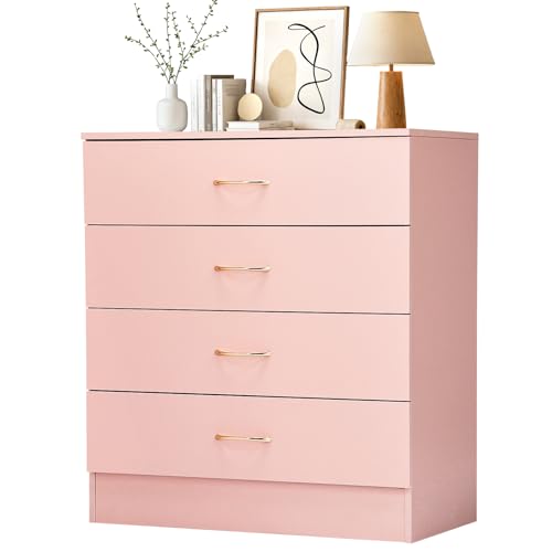Karl home 4 Pink Drawer Dresser Stylish Modern Chest of Drawers and Wood Bedside Table Night Table Equipped with Anti-Tipping Device Perfect for Families Teens Adults
