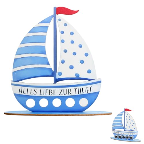 Imagen de Barco de Madera Azul con Base Regalo Bautizo Niño Regalo De Bautizo Para Niño Y Niña Altura 19 cm Anchura 19 cm Christening Gifts Boys and Girls