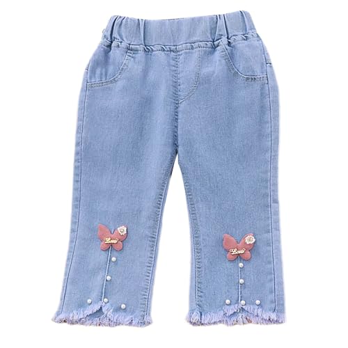 Slit Stretch Bottoms Denim for Kids Children Cute Butterfly Pearl Beaded Jeans Elastic Wasit Trousers Summer Fall