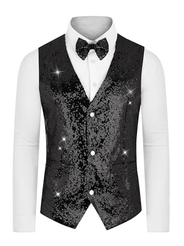 Lars Amadeus Sequins Vest for Men's V-Neck Slim Fit Shiny Disco Party Sleeveless Waistcoat Bowtie