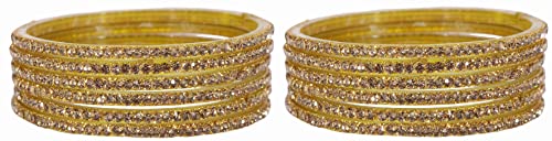 Image of NMII Glass with Zircon Gemstone and Beads Studdded Glossy Finished Traditional Bangle Set For Women and Girls