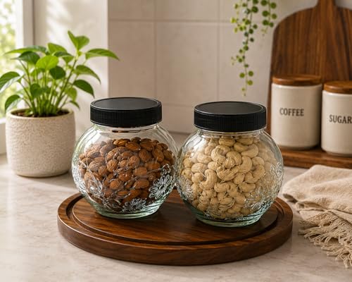 Image of Designer Transparent Glass Storage Jar with Black Plastic Airtight Lid, 900 ML Food Grade Kitchen & Pantry Storage Container, Size 8 X 14 X 14 cm, Ideal for Pulses, Dry Fruits, Pack Of 2