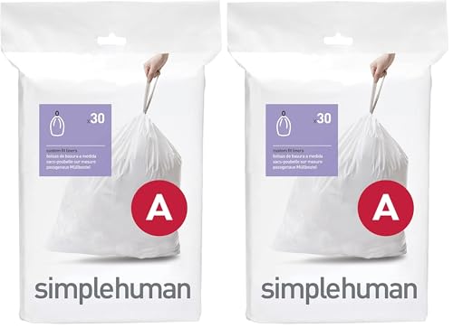 Image of simplehuman Code A Custom Fit Drawstring Trash Bags in Dispenser Packs, 30 Count, 4.5 Liter / 1.2 Gallon, White (Pack of 2)