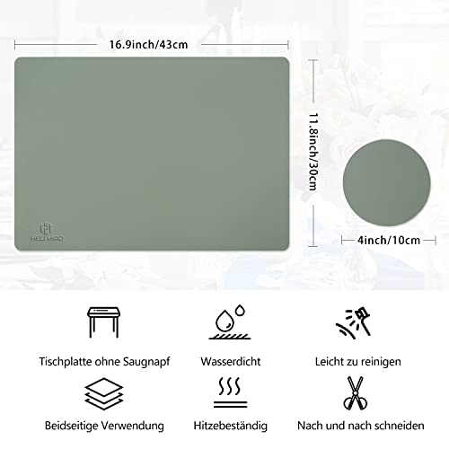 HELI MIAO Tischsets Abwaschbar,Platzsets Abwischbar, Leder,Hitzebeständig Doppelseitigen I 6er Set Platzdeckchen Lederoptik mit Untersetzer,Tischuntersetzer rutschfest,Salbeigrün