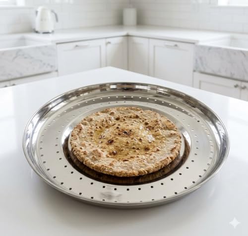 Image of Stainless Steel Chapati Basket & Bhakhri Dish, Heavy Duty Roti Serving Plate for Chapati, Bhakri, Khakhra, Naan, Paratha Puri, Rust-Resistant Indian Bread Serving Tray for Home, Kitchen & Dining Table