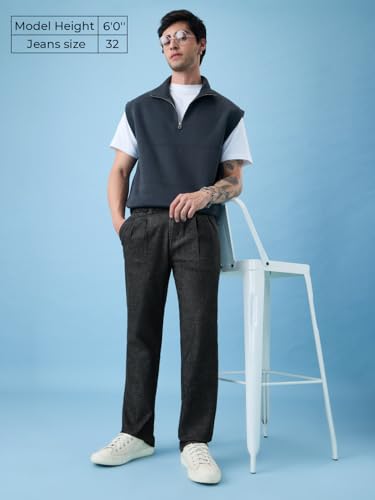 Image of The Souled Store Pleated Denim: Charcoal Men and Boys Zip Fly Washed Cotton Spandex Lightweight Stretchable Everyday Pleated Front Straight Fit Denim Jeans