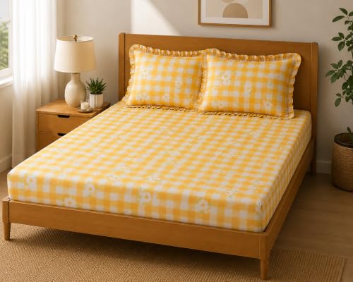 Image of 380 TC Premium Glace Cotton Elastic Fitted Bedsheet King Size with 2 Pillow Covers King Size | Double Bed with All Around Elastic (Yellow Check, Fitted - Double72x72)