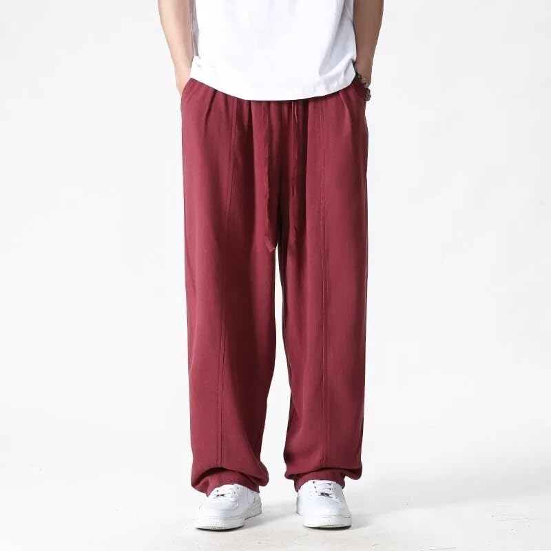 Summer Wide Leg Pants Men's Cotton Linen Loose Pants Men Casual Elastic Waist Trousers 6