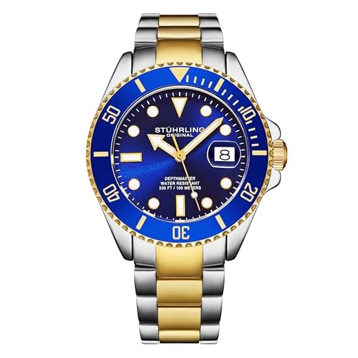 Relógio de mergulho masculino Stuhrling original, movimento suíço, aço inoxidável, mostrador azul, pulseira de aço inoxidável, resistente à água até 100 m, Azul, Moderno