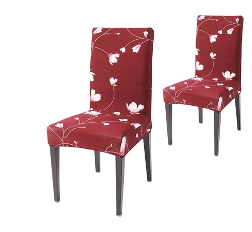 Image of Stretchable Dining Chair Cover - Washable, Removable, Anti-Slip, Protector, Universal Fit (Set of 2, Maroon Floral Vine)