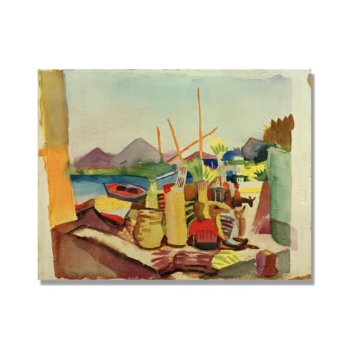 Tableau decoration murale salon moderne Impression sur toile August Macke Paysage bateaux 70x90cm