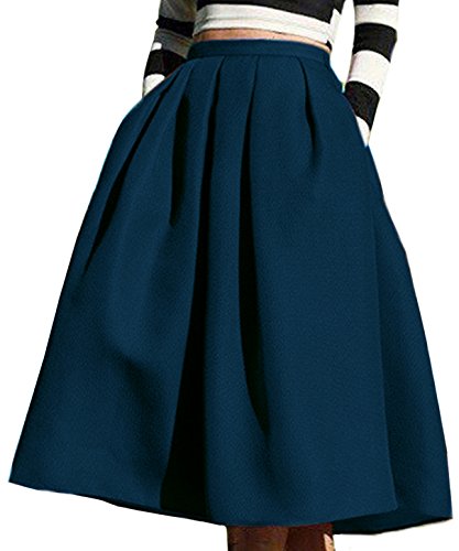 FACE N FACE Women's High Waisted A line Street Skirt Skater Pleated Full Midi Skirt Small Navy