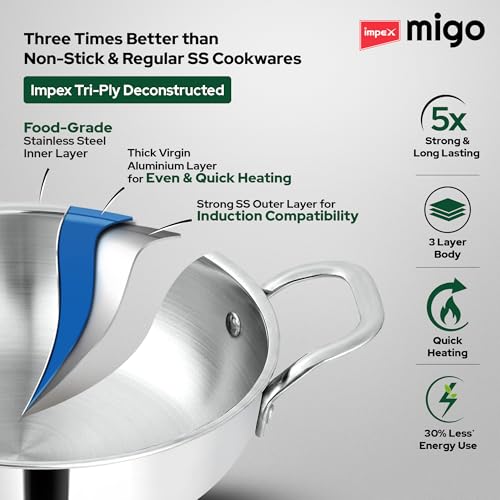 Image of Impex 4 Piece Triply Stainless Steel cookware Set | 24cm Triply Kadai with Lid | 22cm Fry Pan |16cm Milk Pan | ISI Certified Nonstick 3-Layer Body | Fast & Even Heatin| 100% Toxin-Free | 5 Yr Warranty