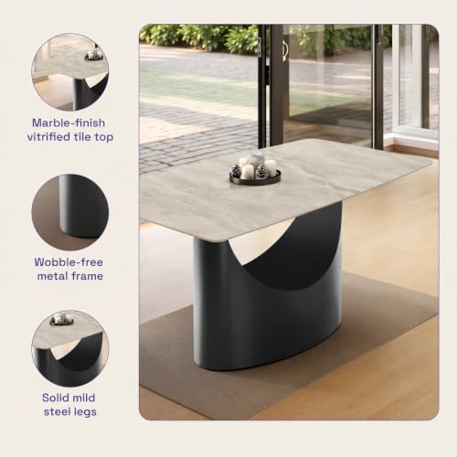 Image of Wakefit Taco Dining Table - Antalia Beige - 6 Seater I Marble Finish I Vitrified Tile Top I Antalia Beige