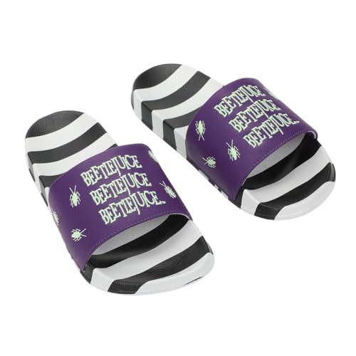 Bioworld Beetlejuice Repeat Movie Title Men's Black & White Striped Slide Sandals