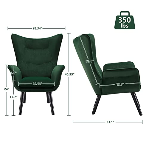Bekrvio Velvet Accent Chairs Living Room Chairs, Modern Wingback Chair Reading Armchair With Solid Wood Legs And Cushion, Comfy Upholstered Single Sofa Arm Chairs For Living Room Bedroom Corner, Green #TOP1