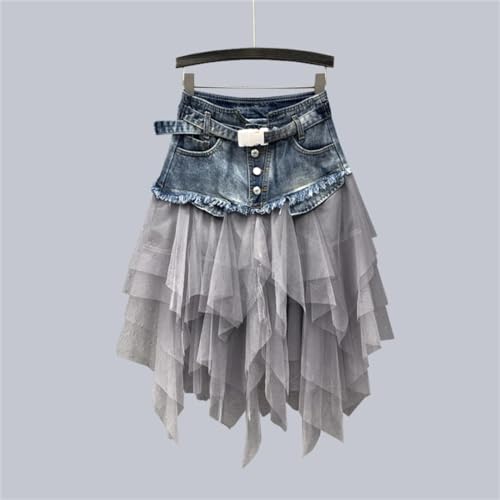 Women Denim Mesh Patchwork Lace Skirt High Waist A Line Asymmetric Frill Tulle Gothic Skirts2