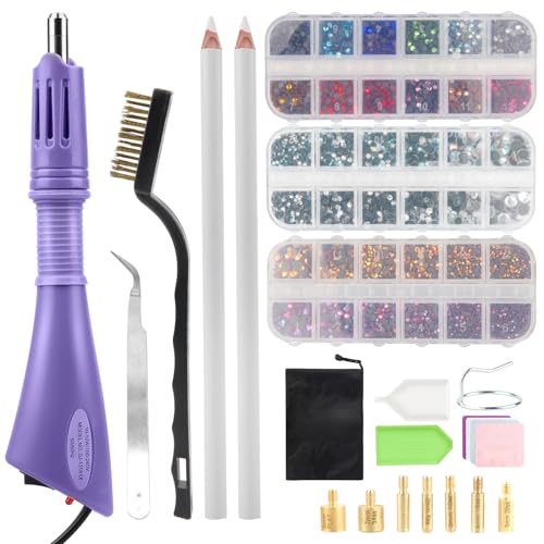 SWAWIS Aplicador Hotfix, 3 cajas de colores mezclados, parte trasera plana, gemas redondas de cristal, set de aplicador aplicador de estrás con 7 puntas, color morado