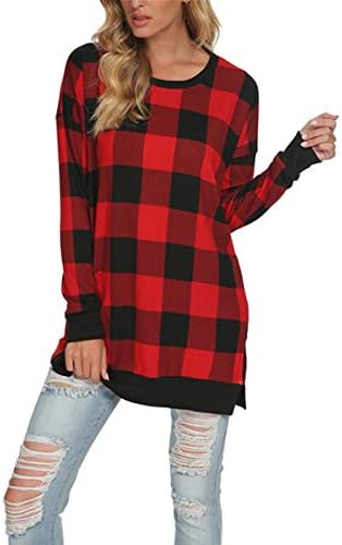 levaca Womens Plaid Loose Pullover Sweaters Tunic Shirts for Leggings Red M