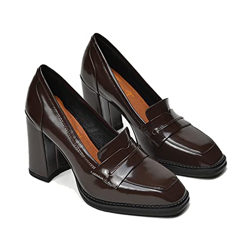 Image of FOWT Dressy High Block Heels Loafers for Women Classical Square Toe Pumps Comfortable Slip On Walking Shoes School Uniform Goth Oxfords US Size 4-16 M