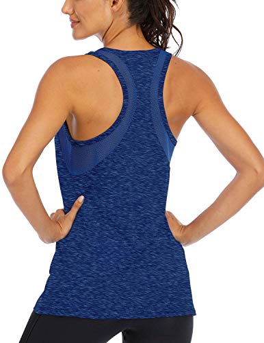 Fihapyli Women's Sleeveless Yoga Tops Workout Tank Tops for Women Breathable Mesh Backless Tank Yoga Shirts Womens Workout Tops for Womens Open Back Racerback Tank Tops Muscle Tank Tops DarkBlue M