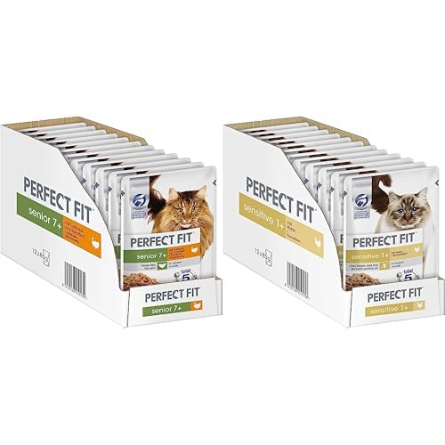 Sensitive 1+ – Nassfutter für Erwachsene, Sensible Katzen ab 1 Jahr – Huhn – 12 x 85 g Senior 7+ – Nassfutter für Katzen ab 7 Jahren – Truthahn und Karotten – 12 x 85 g