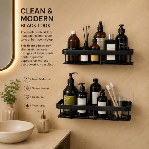 Image of OSLEN Pack of 2 Self Adhesive Bathroom Shelf, Metal Wall Mounted Shower Storage Rack, No Drill Bathroom Shelf Organizer, Rust Proof Storage Rack for Bathroom & Kitchen, Strong Adhesive, Black