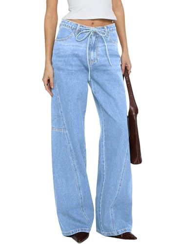 Sidefeel Womens Wide Leg Jeans Mid Waisted Stretchy Drawstring Button Down Denim Pants Iceland Blue Size 10