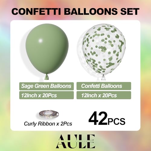 AULE Party Balloons Pack of 42-12in Sage Green Confetti Balloons & Sage Green Latex Balloons and 64ft Ribbons-12 Inches Balloons Decorations set by AULE - Image 3