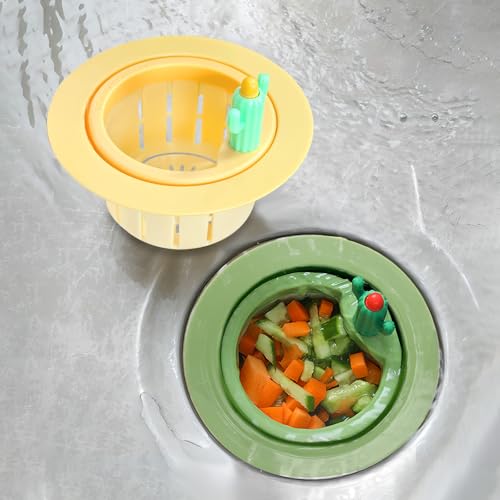 Abflusssieb für Küchenspüle, geeignet für 7,6 cm - 10,8 cm Durchmesser, Lebensmittel-Ablauffilter mit Dichtung, drücken Sie automatisches Ablasskorb, Abflussfänger (gelb und grün), 2 Stück