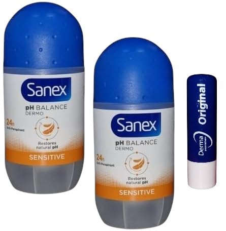 Roll On Deodorant Dermo Sensitive 24H Anti perspirant, by Ş àń e x, 2X 50MLWith Free Orignial Lip Balm