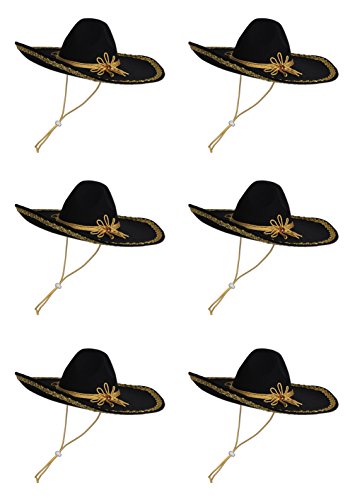 Beistle Felt Sombreros 6-Count – Black Mexican Fiesta Hats with Gold Trim, Adult Costume Accessories for Cinco de Mayo, Mariachi Outfits, Latin Themed Parties, and Taco Tuesdays