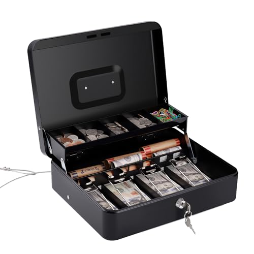 Sumerfnt Cash Box with Money Tray and Lock Money Box with Security Cable, Metal Locking Cash Box - 11.8" x 9.4" x 3.54" Black