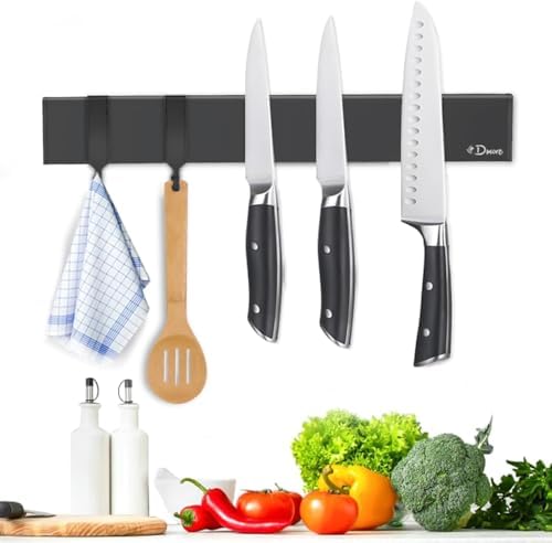Dmore 30 cm Magnetleiste Messer mit 2 Haken, schwarzer Messerhalter magnetisch ohne Bohren, leistungsstarker Magnet Messerhalter, inklusive Klebeband und Schrauben für Messer, Uten