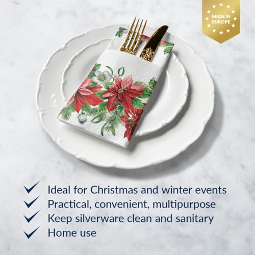 PAW - Christmas Linen Feel Napkins with Built-in Flatware Pocket, Absorbent Pre-Folded Dinner Napkins with Poinsettia, Guest Towels for Xmas Dinner, Wedding, Winter Holiday, Decorative Towel, 50 Count – Image 3
