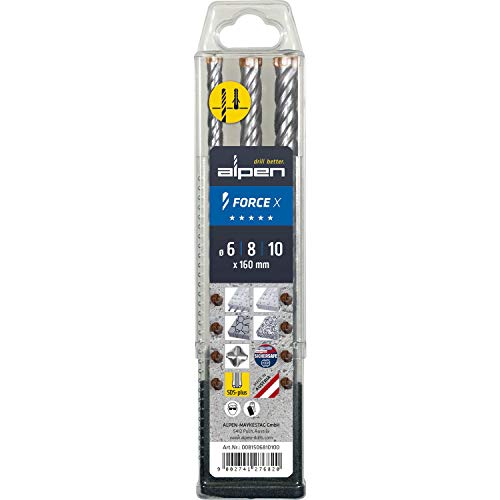Alpen Force X Jeu de 3 forets SDS-plus pour marteau perforateur avec boîte en plastique 4 tranchants Argenté Ø 6,0/8,0/10,0 mm