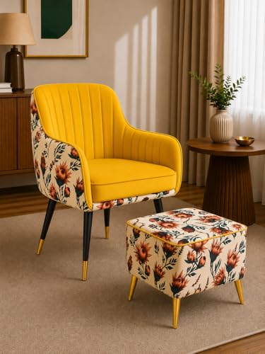 Image of Designer Accent Chair with Floral Printed Back & Footstool | Velvet Lounge Chair for Living Room, Makeup Vanity & Bedroom