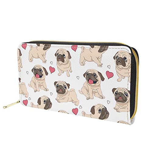 Dolyues Long portefeuille en cuir synthétique pour femme avec poche zippée pour pièces de monnaie, cartes de crédit, billets, Love Heart Carlin chiot, Classique Cover