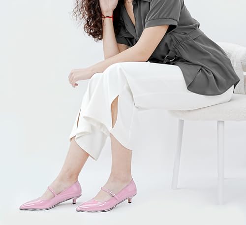 Women's Low Kitten Heels Patent Leather Beaded Pumps Pointed Toe Dressy Mary Jane Heels with Strap Metal Buckle for Ladies Sexy3