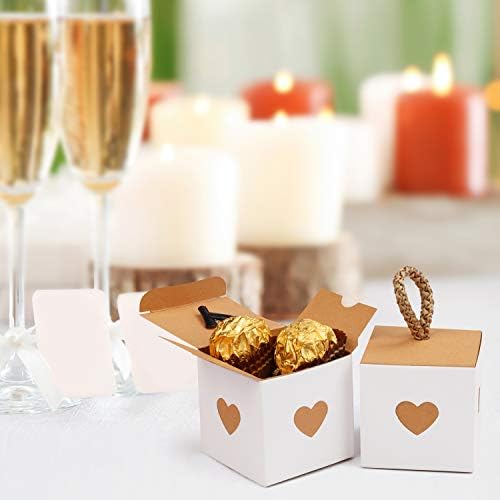 Belle Vous Small White & Brown Heart Gift Boxes (50 Pack) - 5.5 x 5.5 x 5.5cm/2.17 x 2.17 x 2.17 inches - Wedding Favour Paper Candy Kraft Boxes - Anniversary, Birthday Party, Bridal/Baby Shower