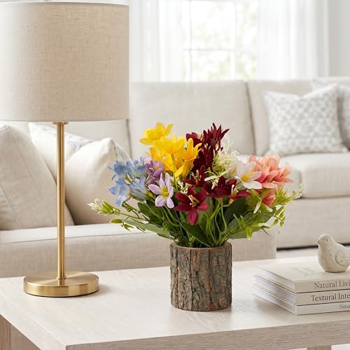 Image of Dekorly Premium Artificial Multicolor Lily Flower with Real Wooden Planter Vase (22CM) | Lifelike Faux Floral Arrangement for Home, Office & Table Decor (Multi Colour Lily Flower)