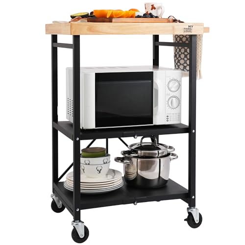 Mythinglogic Foldable Kitchen Storage Cart, 3-Tier Rolling Cart with Solid Oak Top, Heavy-Duty Metal Utility Rack for Microwave, Pots, Dinnerware, Meal Prep Area, Kitchen Island on Lockable 
