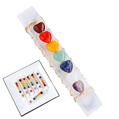 Varita de Cristal de selenita, Palo de selenita con 7 Corazones de Cristal, Varita de Piedra de selenita curativa, Reiki de Piedra Blanca, Chakras, Rejillas de protección, energía Positiva Cover