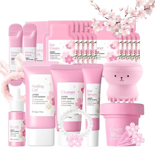 Sakura Skin Care Set Geschenke 21pcs Korean Skincare Set mit Gesichtsmaske Niacinamide Serum Cleanser Gesichtscreme Augencreme Peeling Gesicht & Gesichtswasser Beauty Set für Muttertagsgeschenk