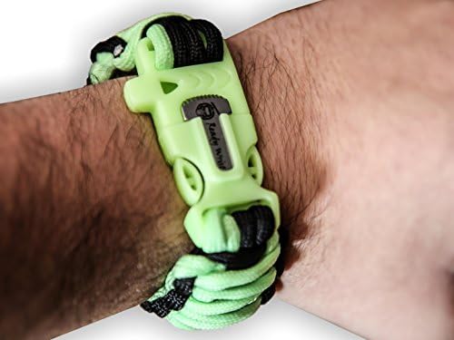 Ready Wrist Paracord Bracelet Survival Emergency Kit with 550 Parachute Cord and Whistle Flint Fire Starter, Small - Black Glow Green