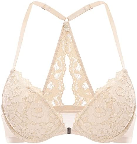 DOBREVA Damen Vorderverschluss Push up BH mit Bügel | Spitzen BHs, Neckholder, Racerback, Tiefer Ausschnitt, Gepolsterter
