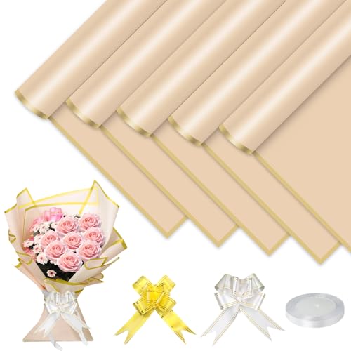 YFLeomry 25 Blatt Blumenpapier 58x58cm, Champagnerfarben Bouquet Papier mit Band, Wasserdichtes Blumenstrauß Papie ...
